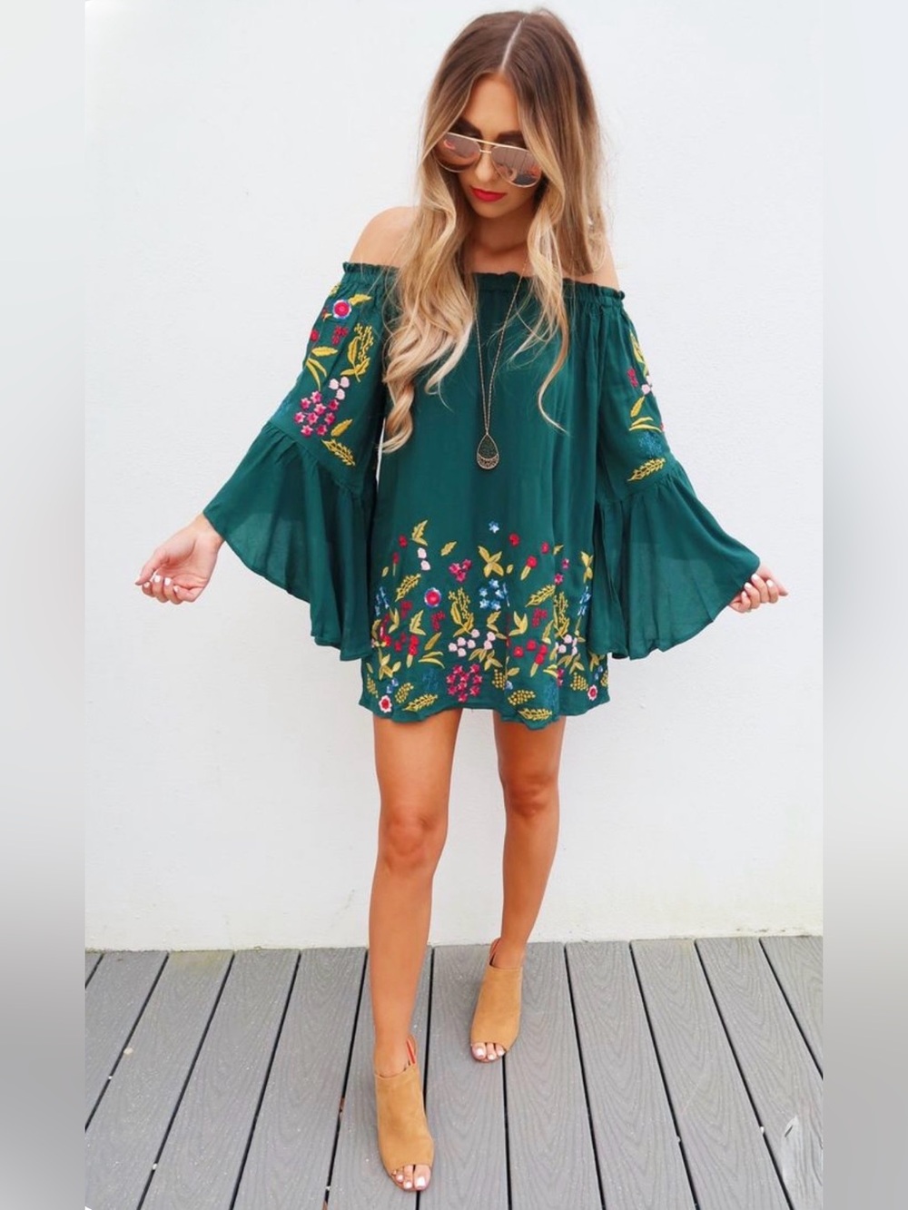 UMGEE Floral Embroidered Bell Sleeve Off the Shoulder Mini Dress - Small